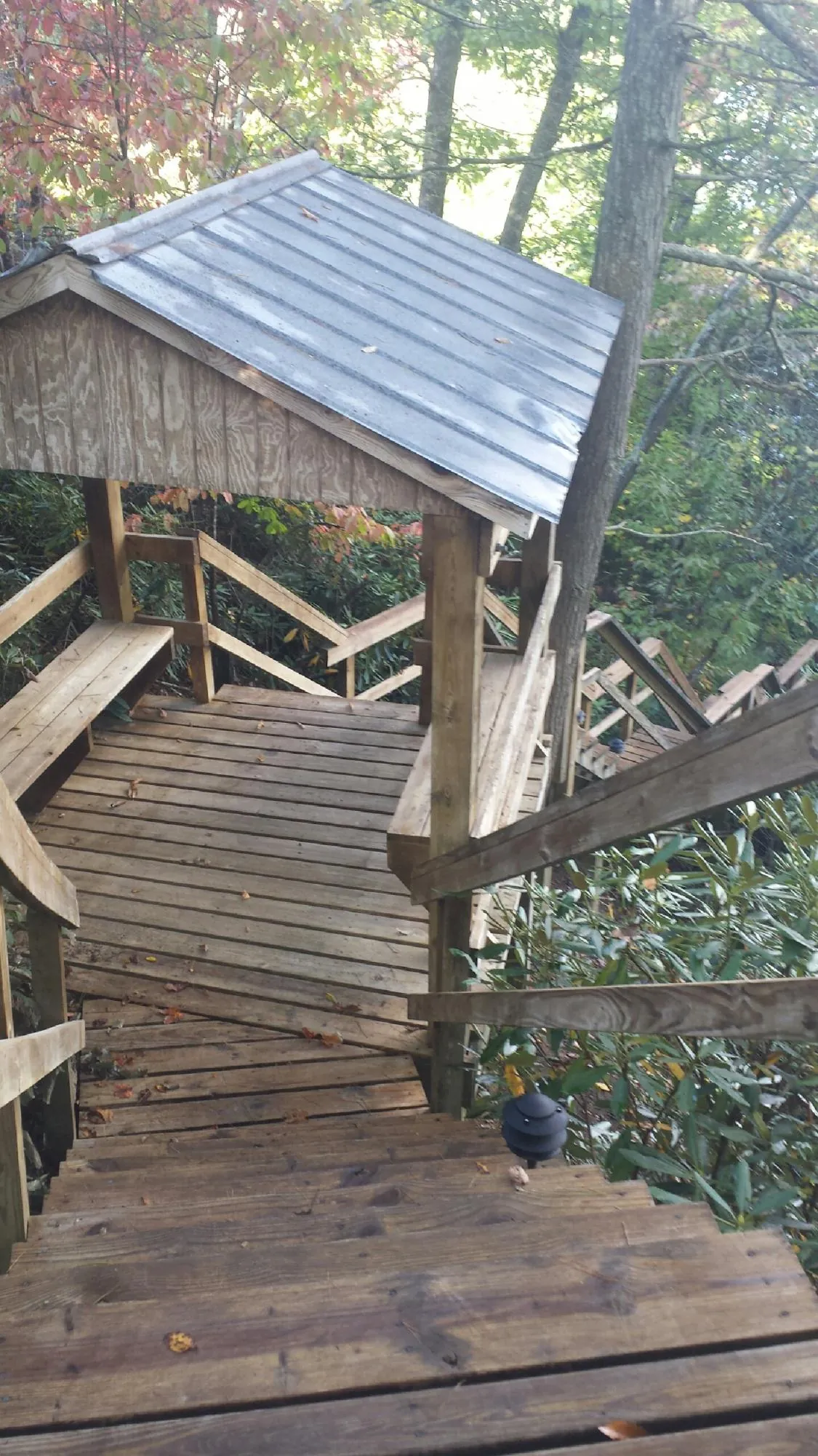 Metal roofed shelter over wooden steps on a wooded walkway — Skylight Repair & Installation work by our crew in Tyler Hill